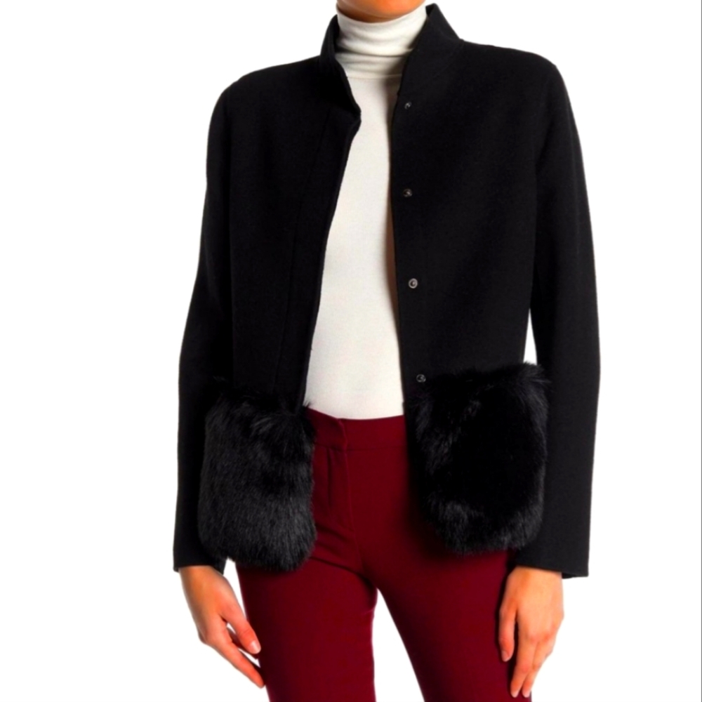 NWT Ramy Brook Addison Wool Black Dress Jacket Coat Faux-Fur Hem Large